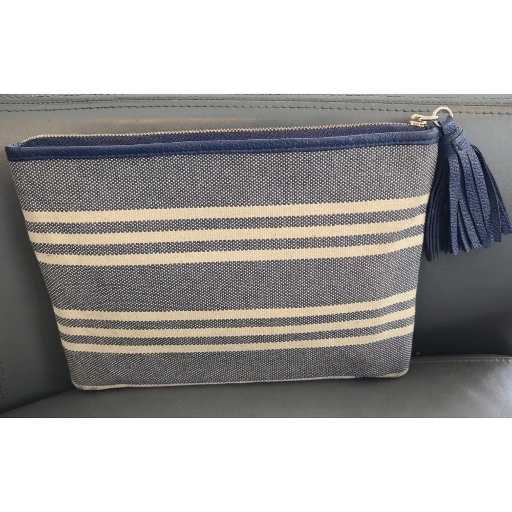 Kate Spade Parchment‎ Zippered Pouch Navy/Ivory Striped Canvas Tassel